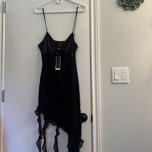 NWT Black Asymmetrical Ruffle Slip Mini Dress Size L Y2K Date Night Glam